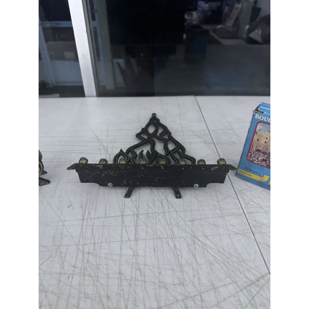 Vintage Israeli Brass Flame Menorah Set Eilat Stone Napkin Holder Candlesticks